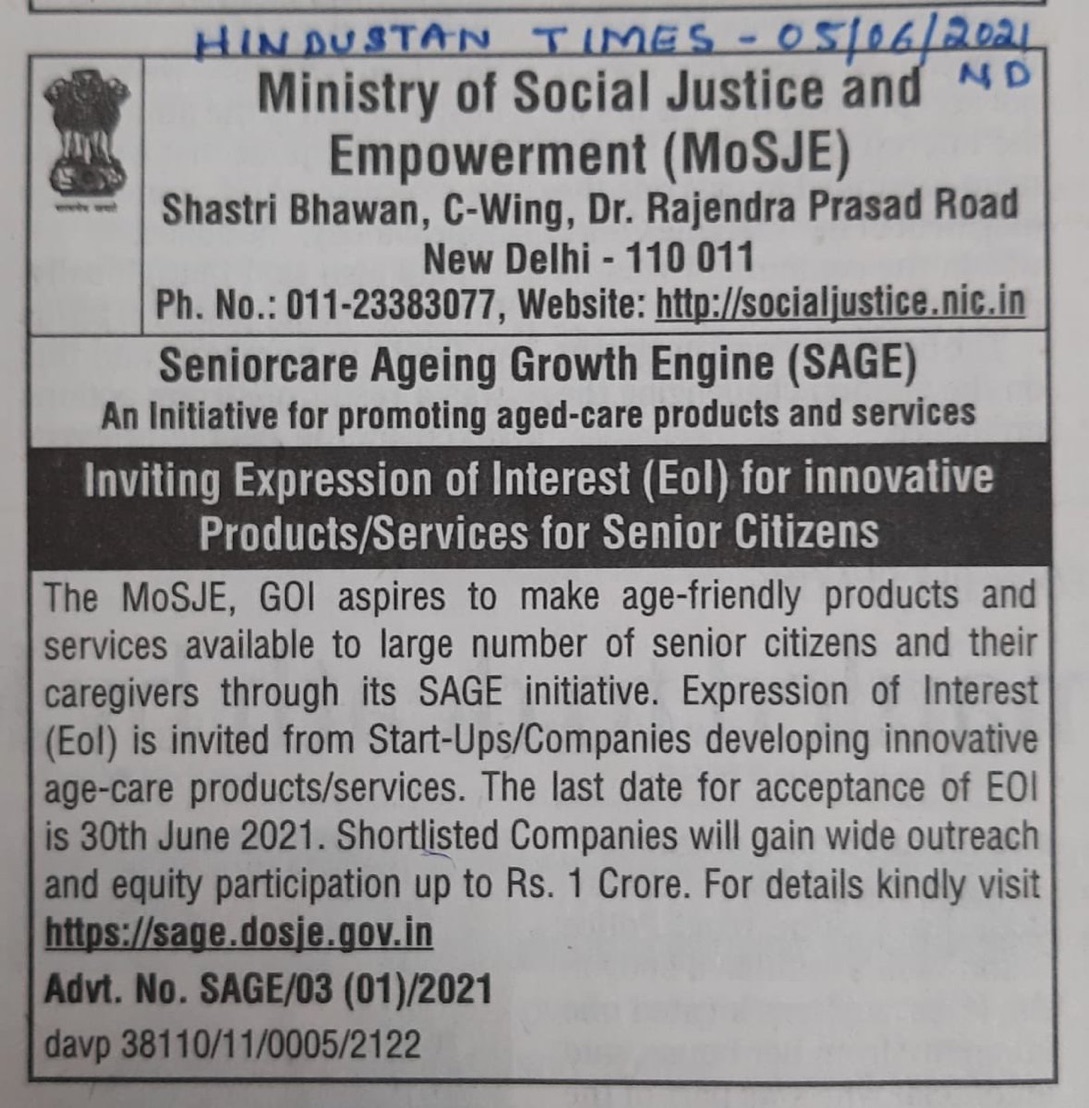 Inviting Expression of Interest (EoI) for innovative products / services for senior citizens